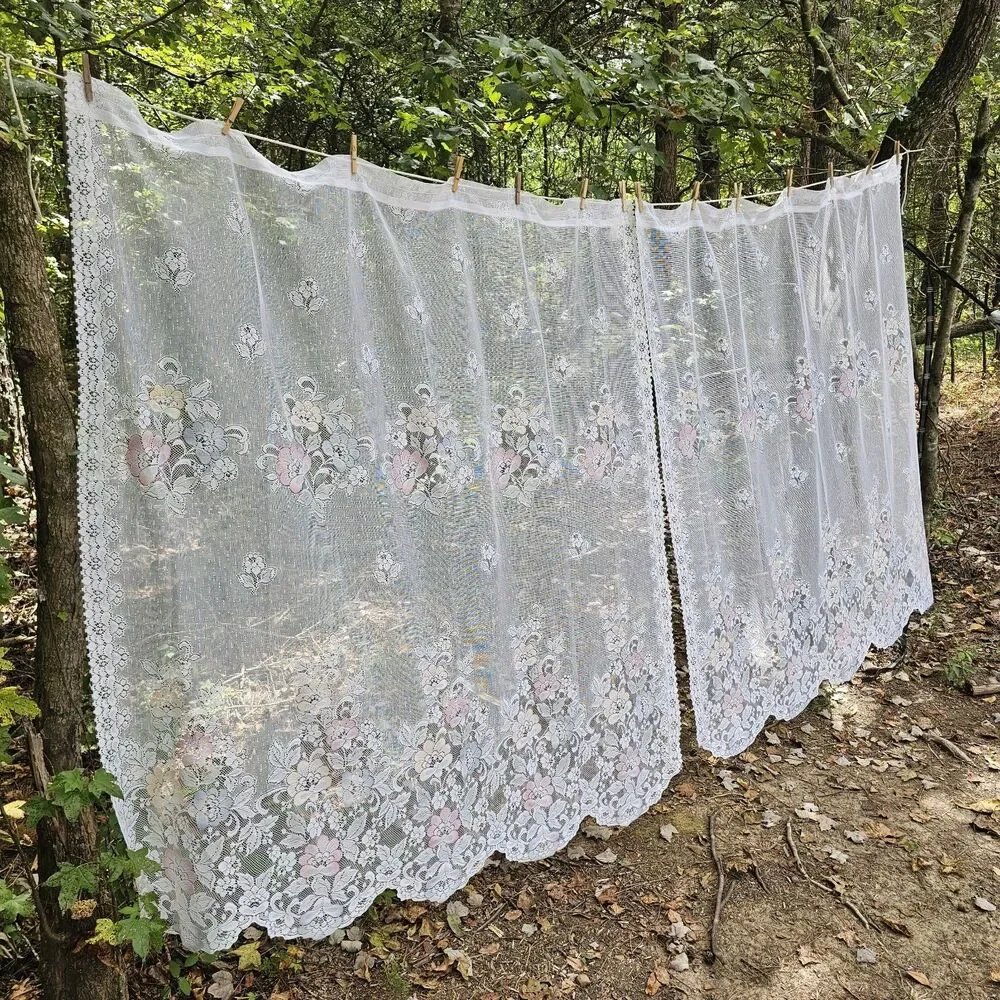 Vintage 90s JCPenney White Lace Curtains Pastel Floral Accents Scalloped Edge